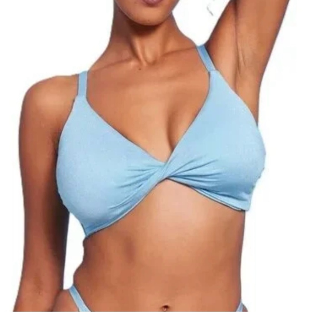 Womens Blue Lurex Twist-Front Bralette Bikini Top